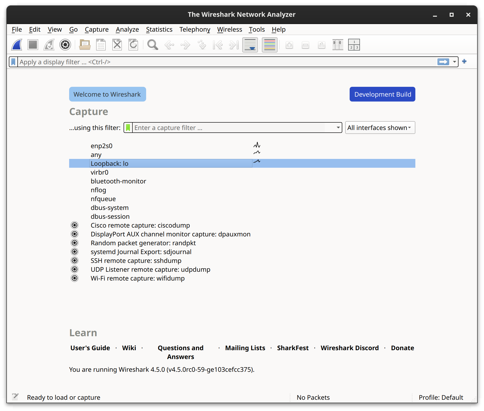 Wireshark GUI main menu showing a list of network interfaces.