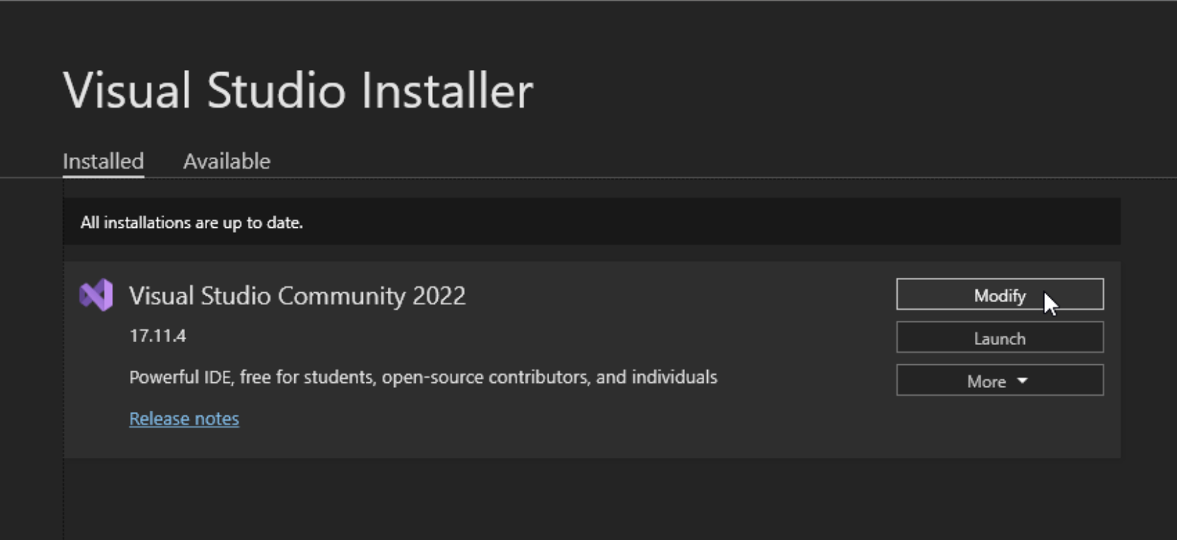 A screenshot of the Microsoft Visual Studio installer, viewing the current visual studio installation entry.