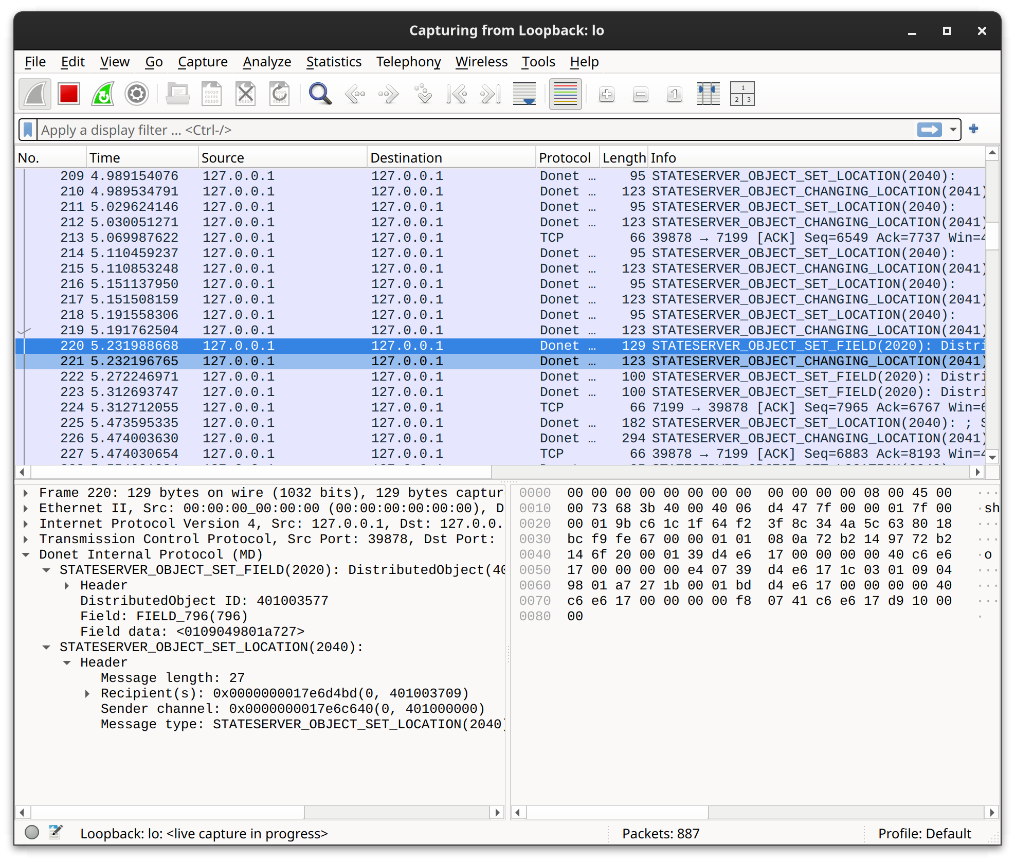 Wireshark GUI inspection page showing intercepted packets.